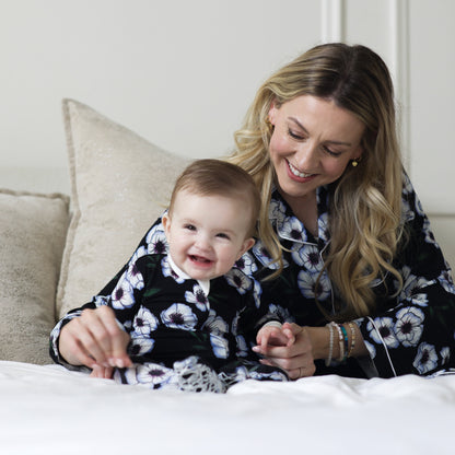 Violet Magnolia Bamboo Footed Sleeper - Peregrine Kidswear - Footed Sleepers - 0-3M shown on a mom and baby in matching pjs