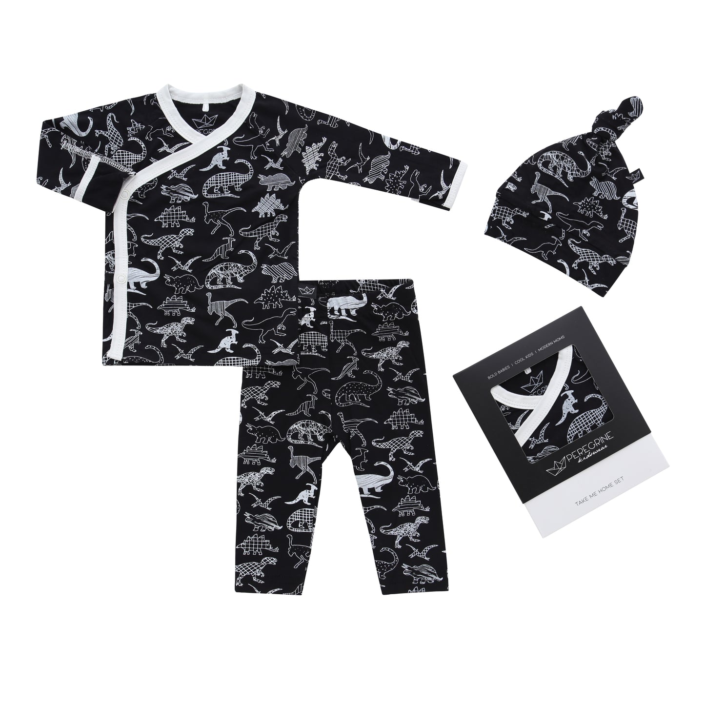 a soft bamboo kimono style shirt and pants with a matching hat in black with white dinosaurs