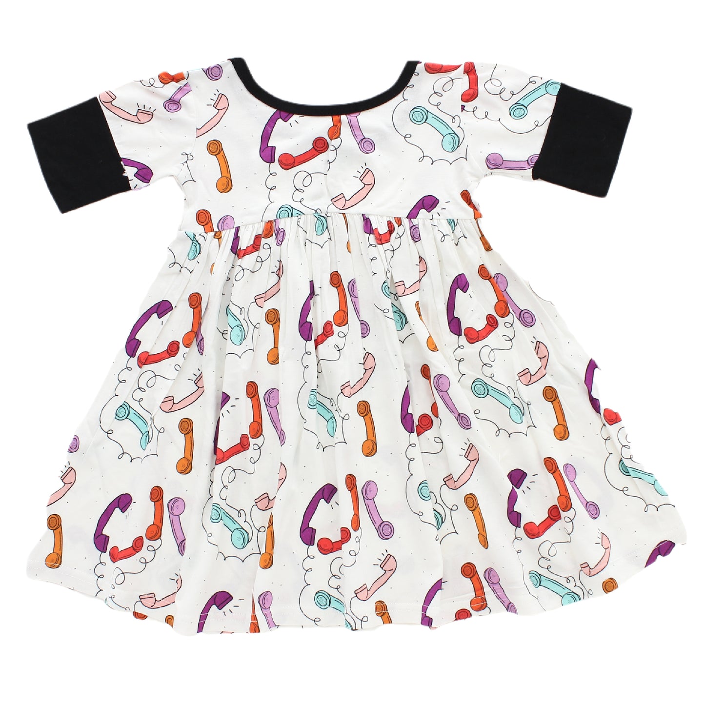 A soft bamboo dress featuring pink, purple, orange and blue telephones with black trim.