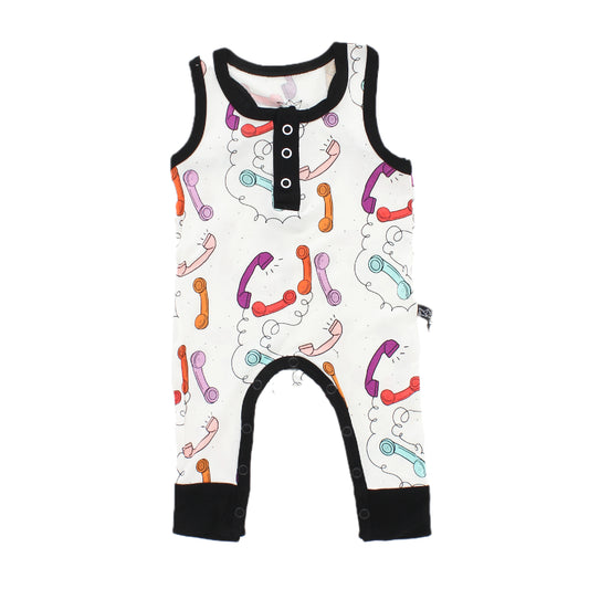A soft bamboo romper featuring colorful telephones.