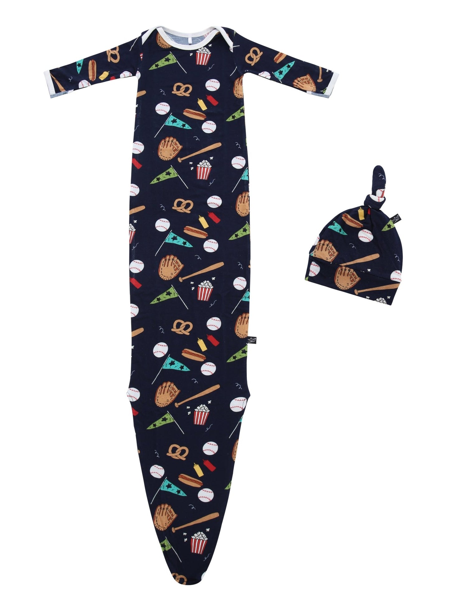 Baseball Bamboo Knotted Newborn Gown + Hat Set - Peregrine Kidswear - Newborn Gown + Hat Sets -