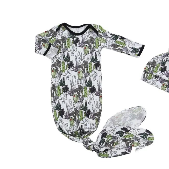 Cactus Bamboo Knotted Newborn Gown + Hat Set - Peregrine Kidswear - -