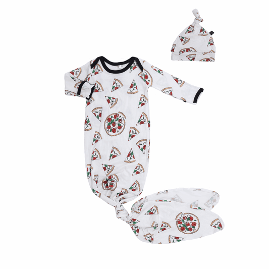 Hipster Pizza Bamboo Knotted Newborn Gown + Hat Set - Peregrine Kidswear - Newborn Gown + Hat Sets - NEWBORN