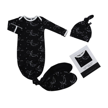 Midnight Cloud Moon Bamboo Knotted Newborn Gown + Hat Set - Peregrine Kidswear - Newborn Gown + Hat Sets -