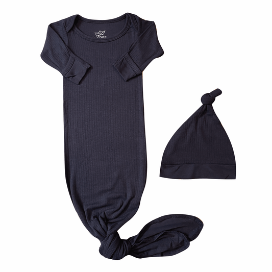 Midnight Rib Knit Bamboo Knotted Newborn Gown + Hat Set - Peregrine Kidswear - Newborn Gown + Hat Sets - NEWBORN