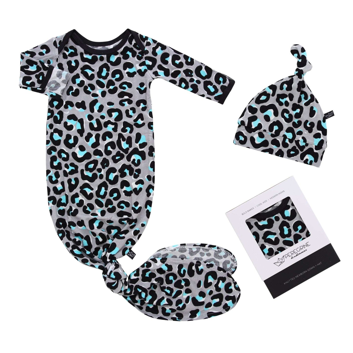 Mod Leopard Bamboo Knotted Newborn Gown + Hat Set - Peregrine Kidswear - Newborn Gown + Hat Sets -