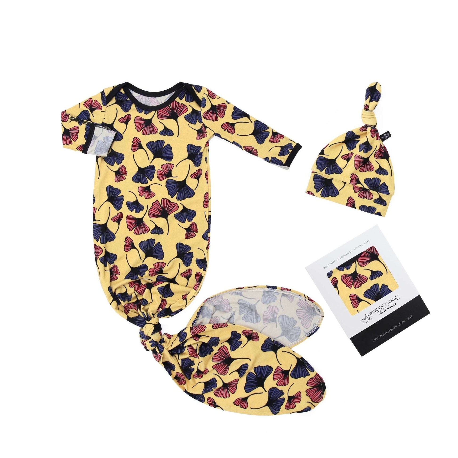 Pop Art Ginkgo Bamboo Knotted Newborn Gown + Hat Set - Peregrine Kidswear - Newborn Gown + Hat Sets -