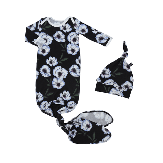 PREORDER Violet Magnolia Bamboo Knotted Newborn Gown + Hat Set - Peregrine Kidswear - Newborn Gown + Hat Sets -