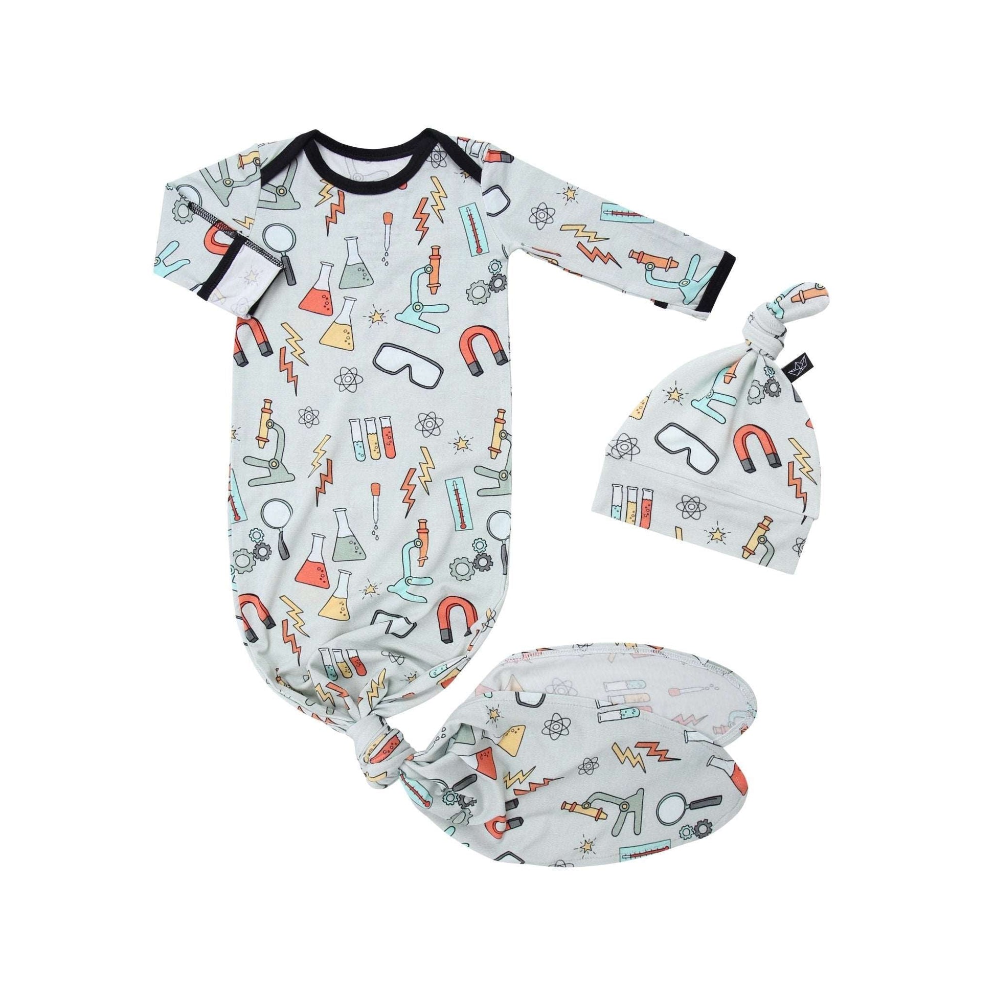 Science Lab Bamboo Knotted Newborn Gown + Hat Set - Peregrine Kidswear - Newborn Gown + Hat Sets -