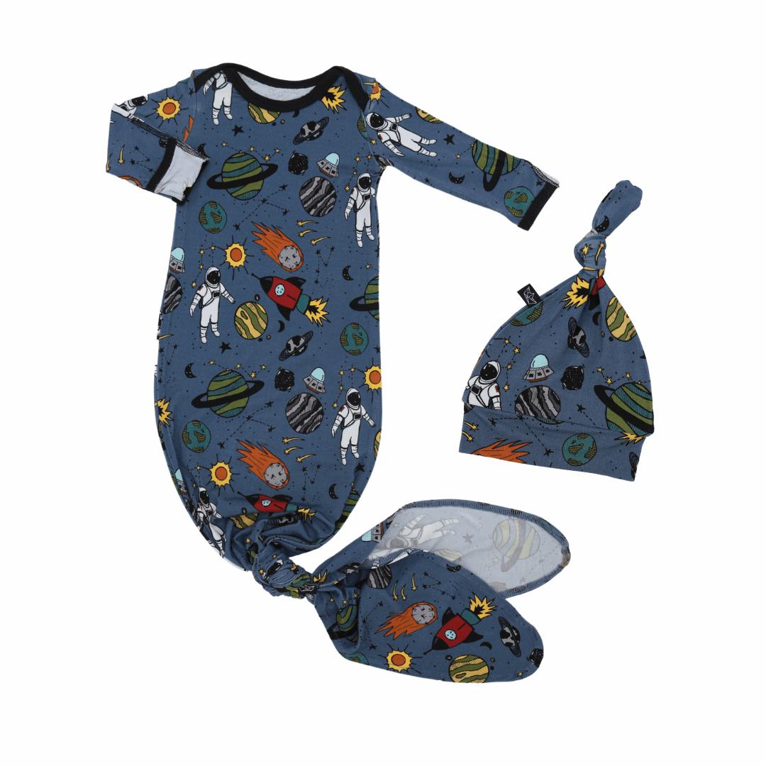 Stormy Space Doodle Bamboo Knotted Newborn Gown + Hat Set - Peregrine Kidswear - Newborn Gown + Hat Sets -