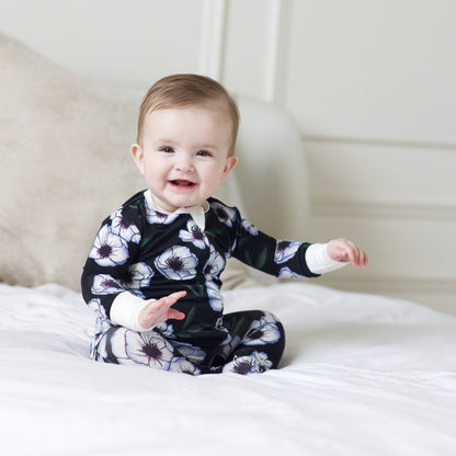 Violet Magnolia Bamboo Footed Sleeper - Peregrine Kidswear - Footed Sleepers - 0-3M shown on a baby