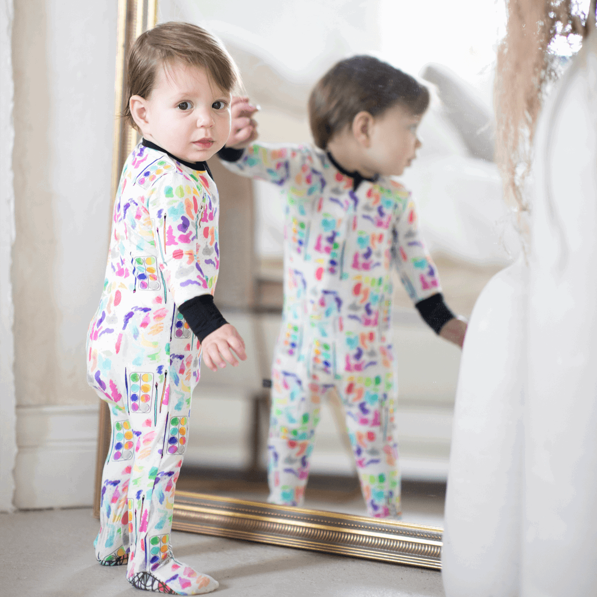 Peregrine Kidswear Watercolors Fitted One Piece Footed Pajamas in White